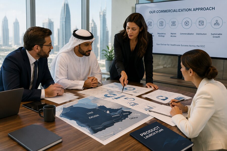 Healthcare commercialization strategy session overlooking Dubai