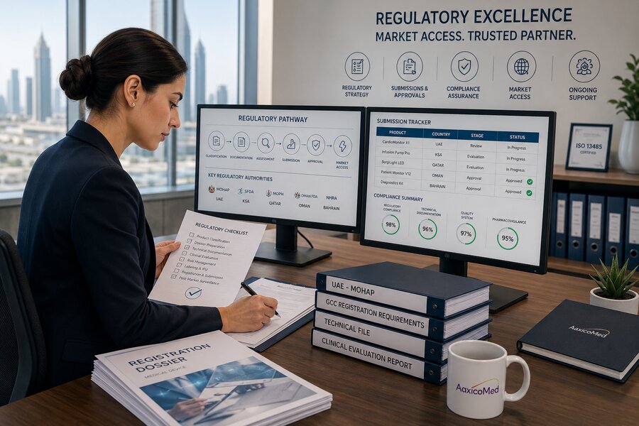 Regulatory affairs specialist reviewing product registration documents