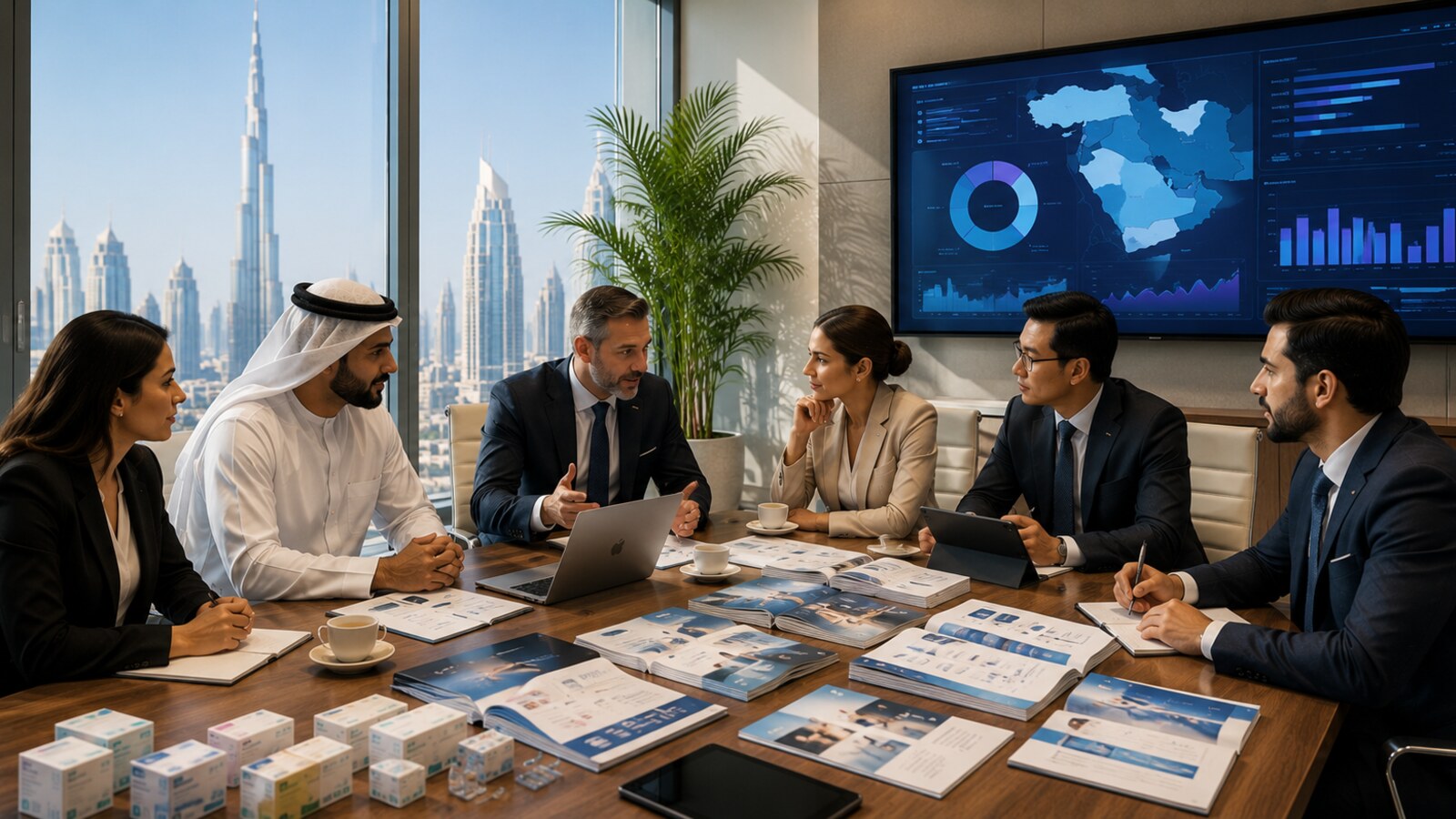 AaxicoMed leadership meeting with GCC business partners overlooking Dubai