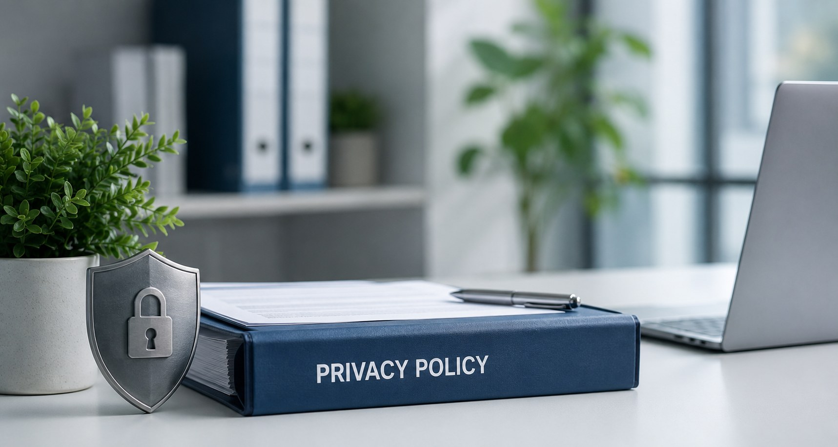 Privacy policy binder on an office desk