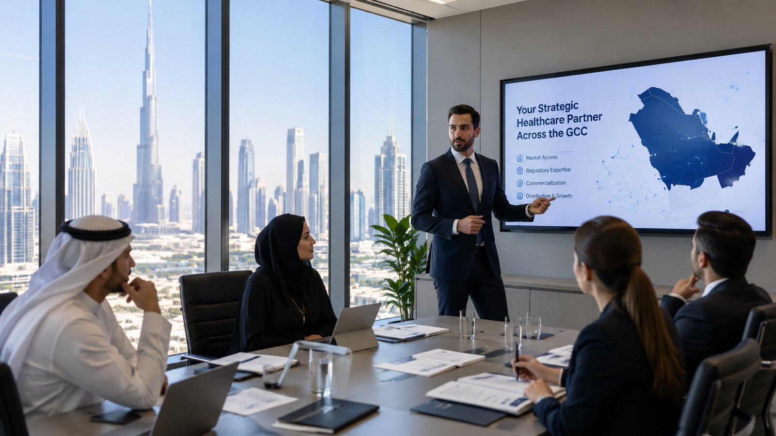AaxicoMed presenting a healthcare market strategy to GCC business leaders overlooking Dubai