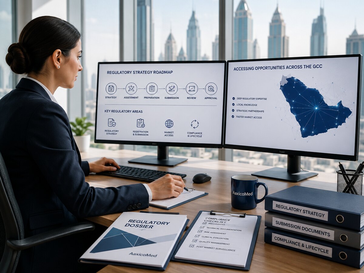 Regulatory affairs specialist reviewing product registration and compliance dashboards