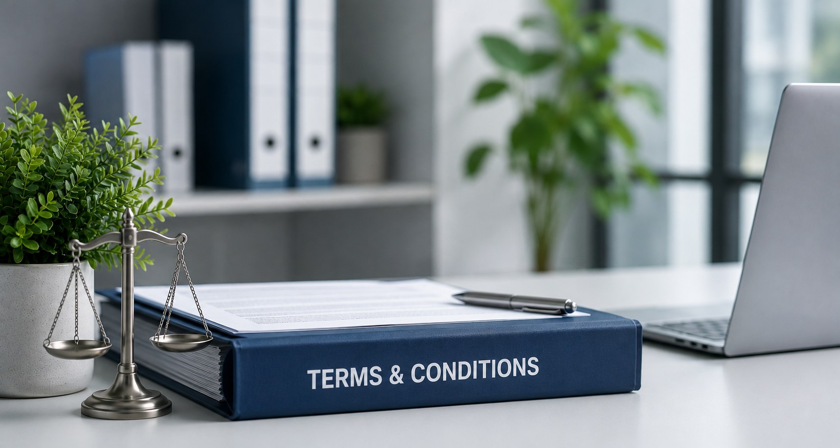 Terms and conditions binder with a scale of justice